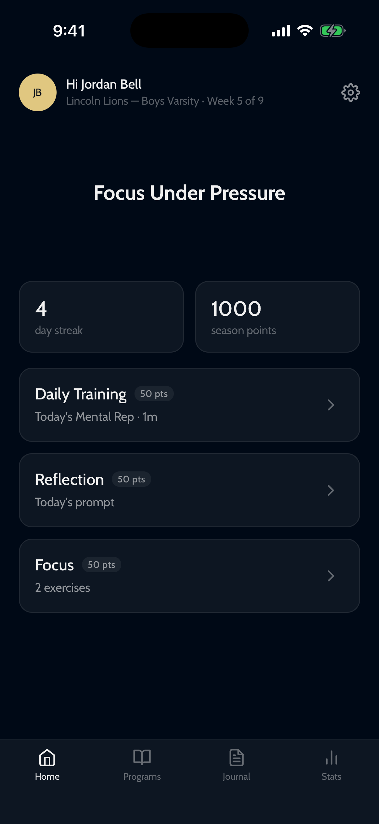 Mindset FC athlete home — day streak, season points, and the day's training, reflection, and focus